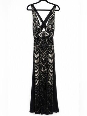 Black embellished beaded dress with beads sequins gala prom  silver V neck
